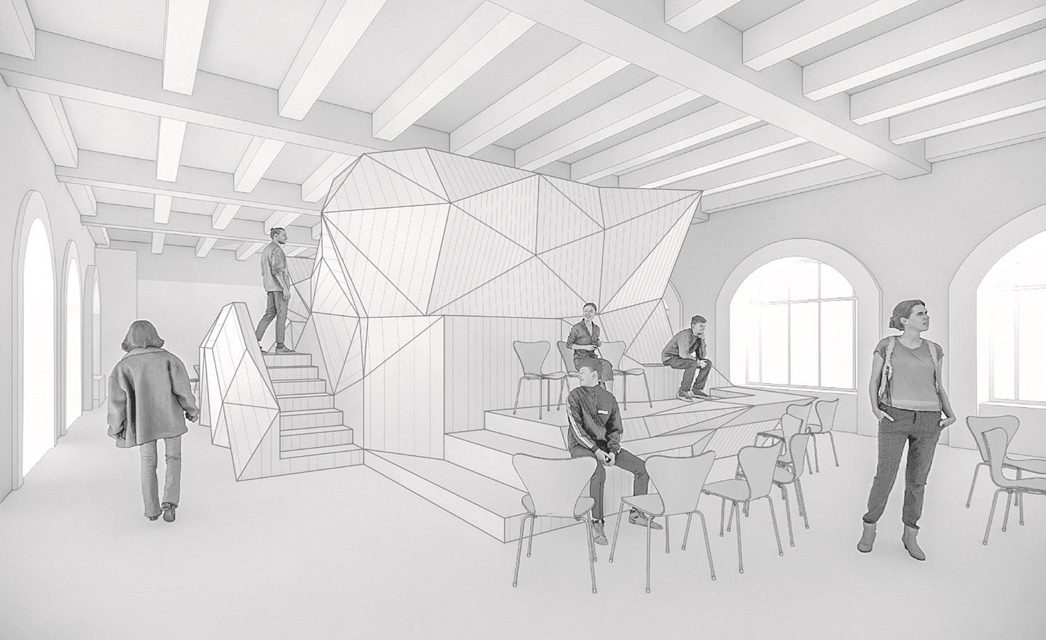 Black and white rendering of a sculptural piece in the Mebane Gallery of Goldsmith Hall