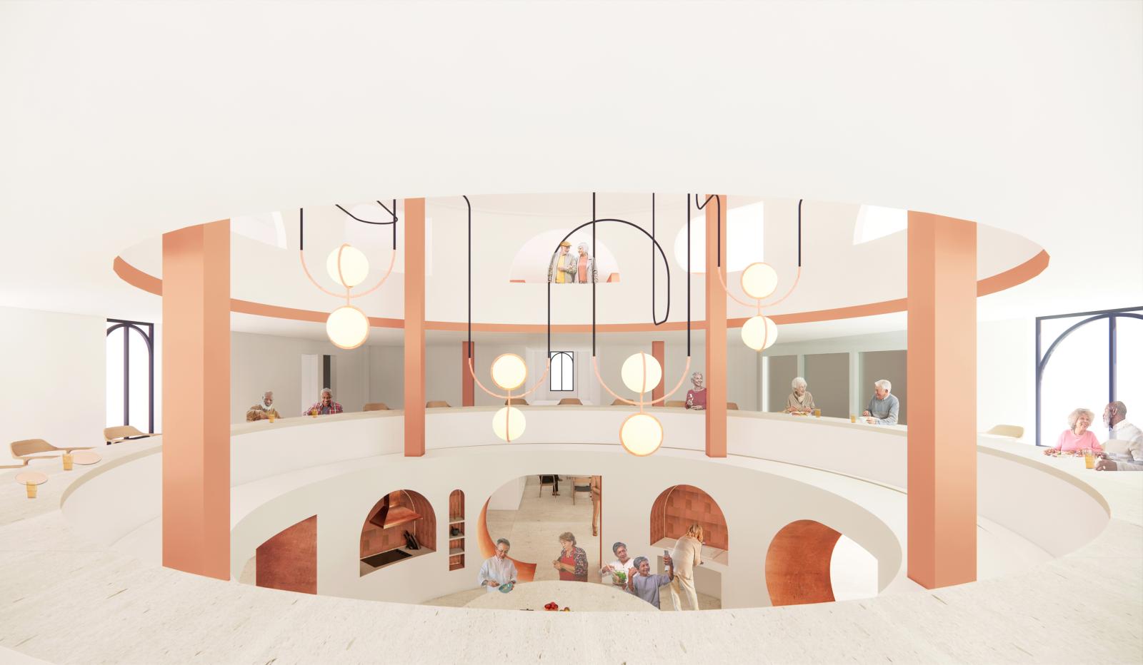 Rendering of a dining area in white and terra cotta.