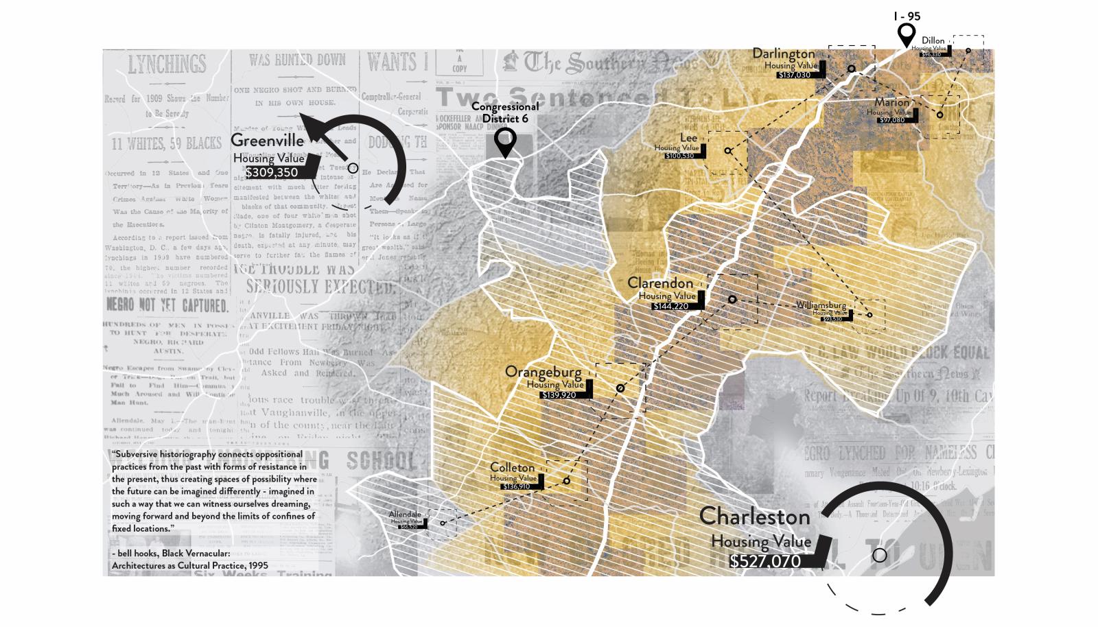 Graphic map in shades of grey and yellow