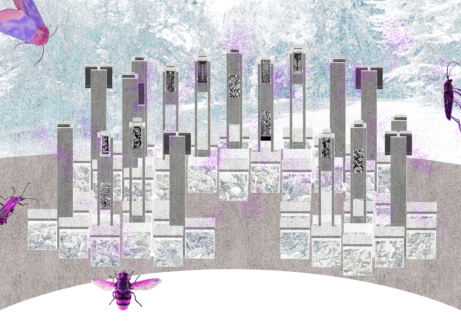 Elevation rendering of the Pollinator Lounge in cool blues and purples with insects.