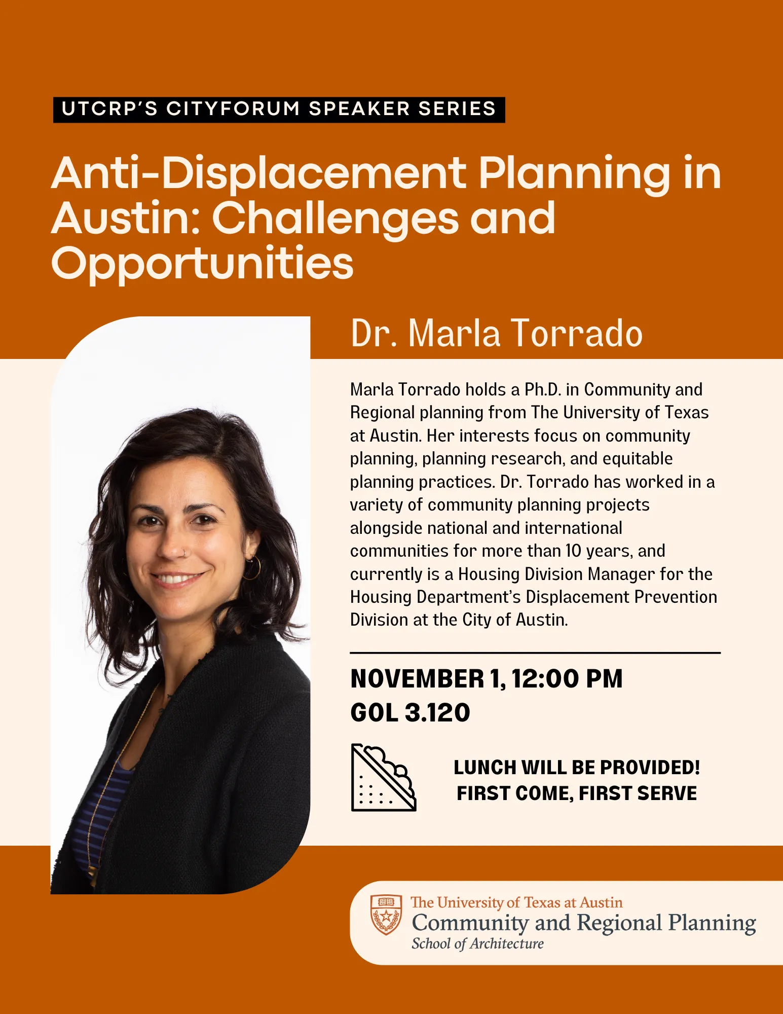 Flier for Marla Torrado's City Forum Talk