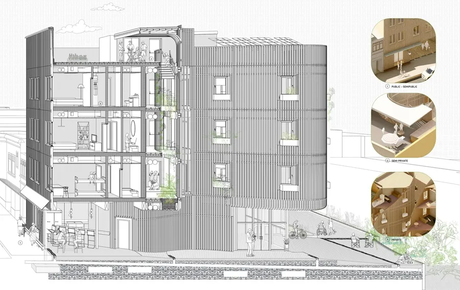 Rendering of an elevation 2209 Taraval with cut outs highlighting various types of privacy.