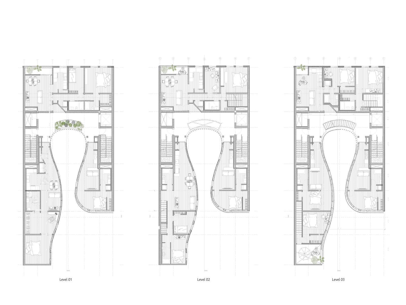 Three floor plans of 2209 Taraval, Level 1, Level 2, and Level 3.