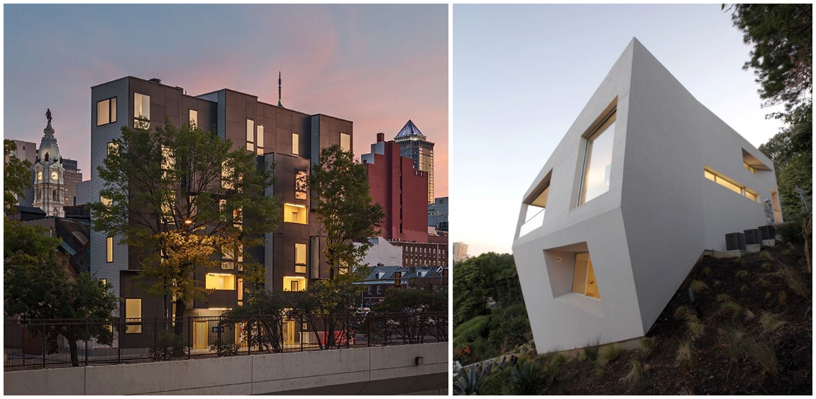 side by side images of 2 modern buildings