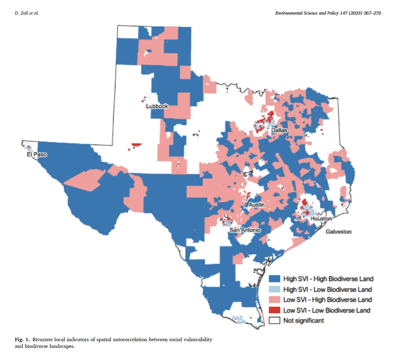 Map of Texas with 5 colorized regions indicating biodiversity levels of land