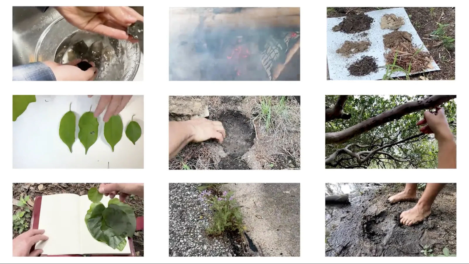 Six images of video stills showing different land-based practices 