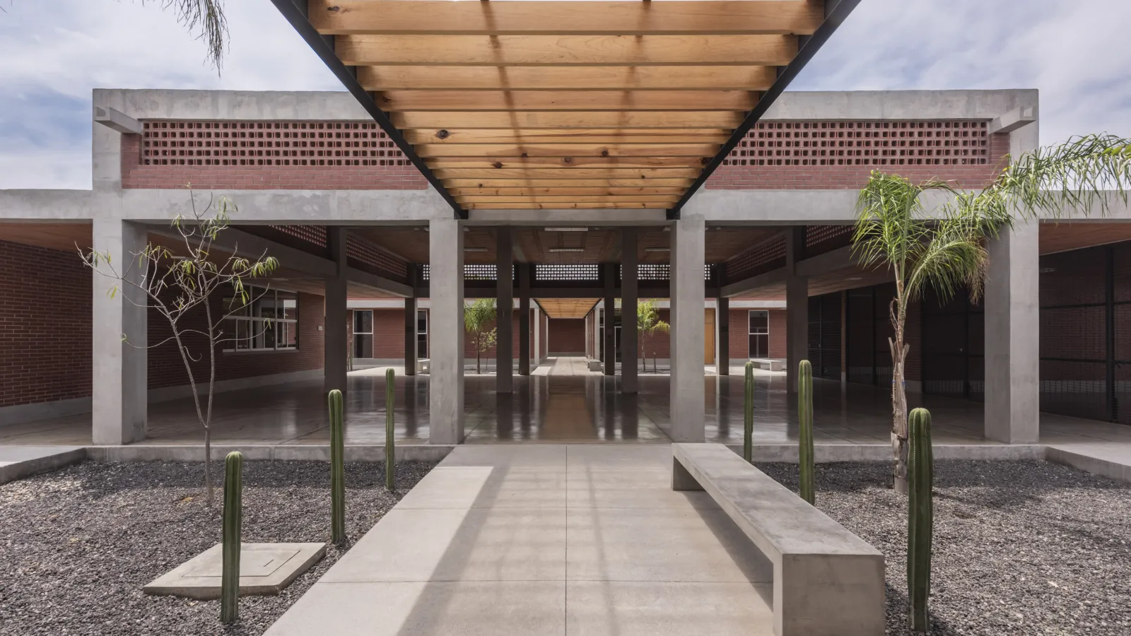 Shaded exterior of a concrete building