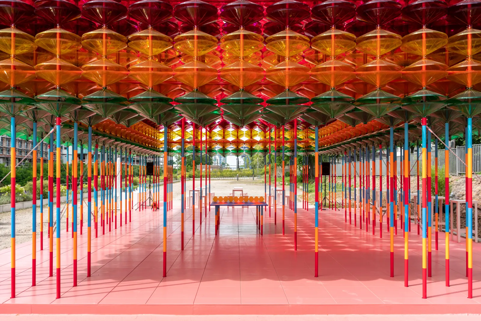 Colorful pavillion outside of a hotel