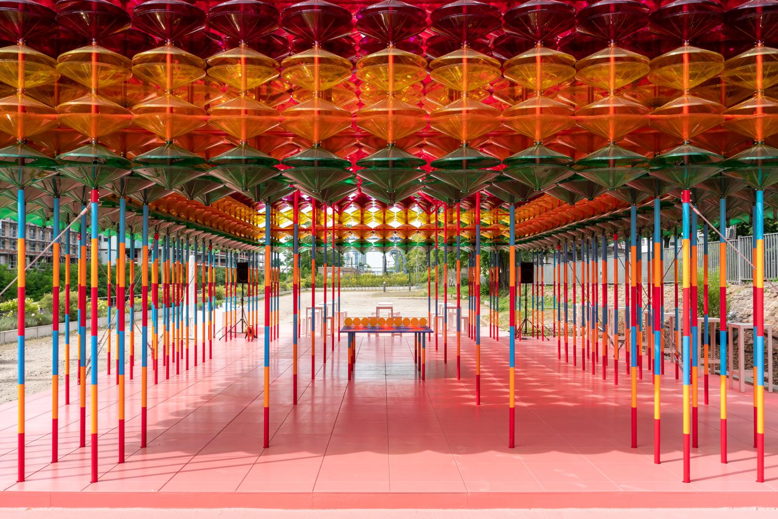 Colorful pavillion outside of a hotel