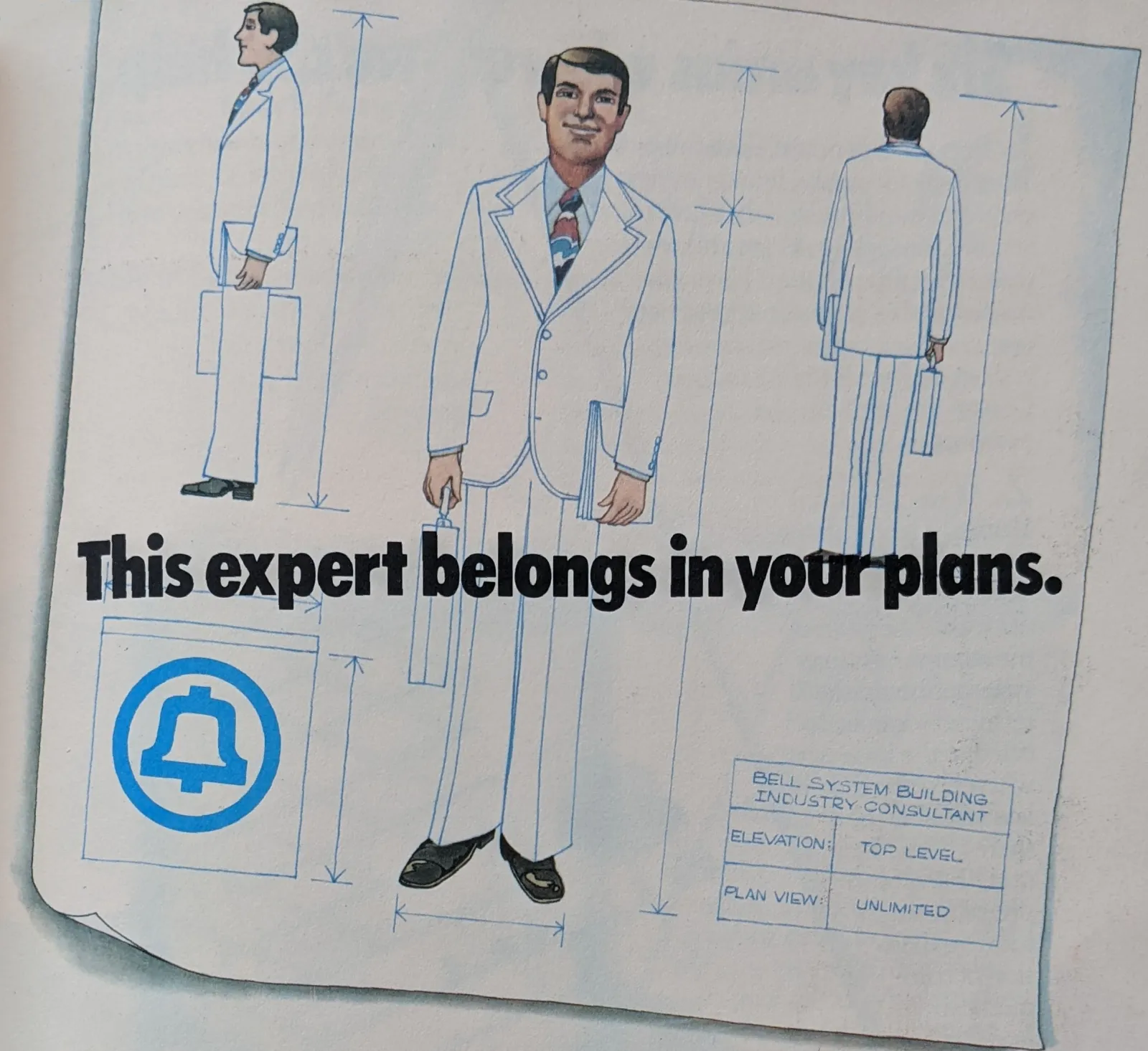 Drawing of a man in a suit with the text "This expert belongs in your plans."