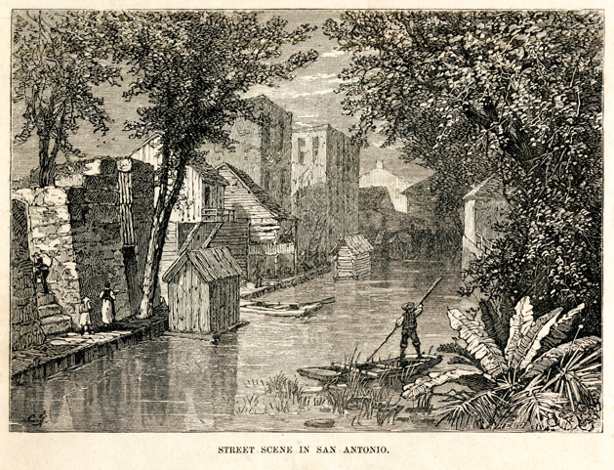 vintage print of a canal street scene in San Antonio
