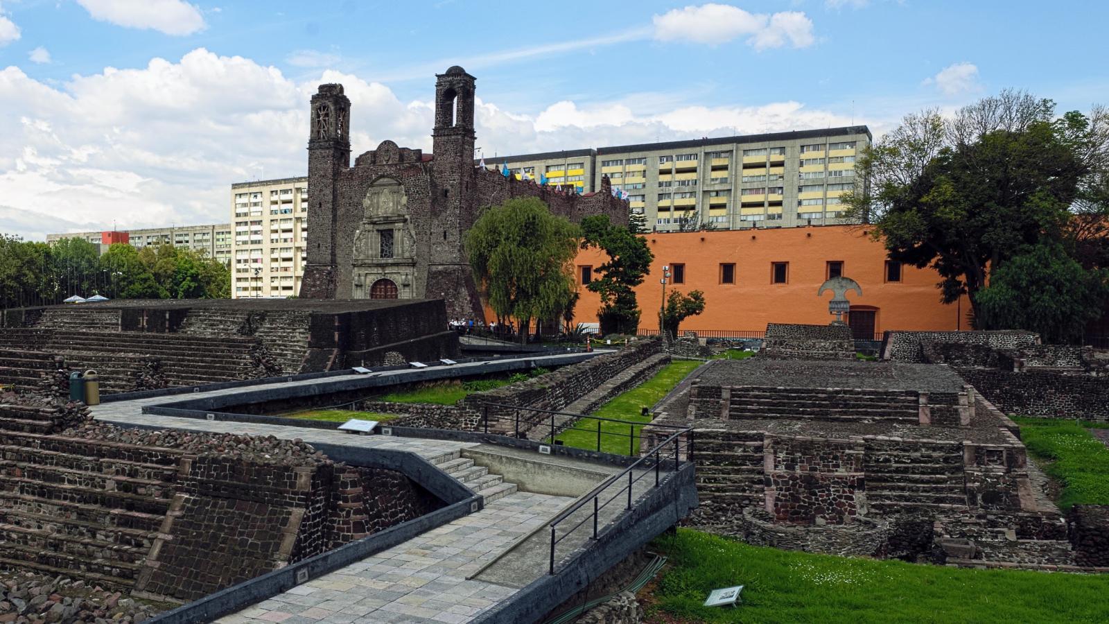 Mexican urban setting with ancient, medieval, and modern architecture