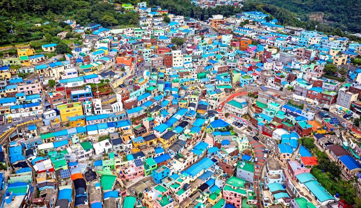 A sea of colorful rooftops seen from above