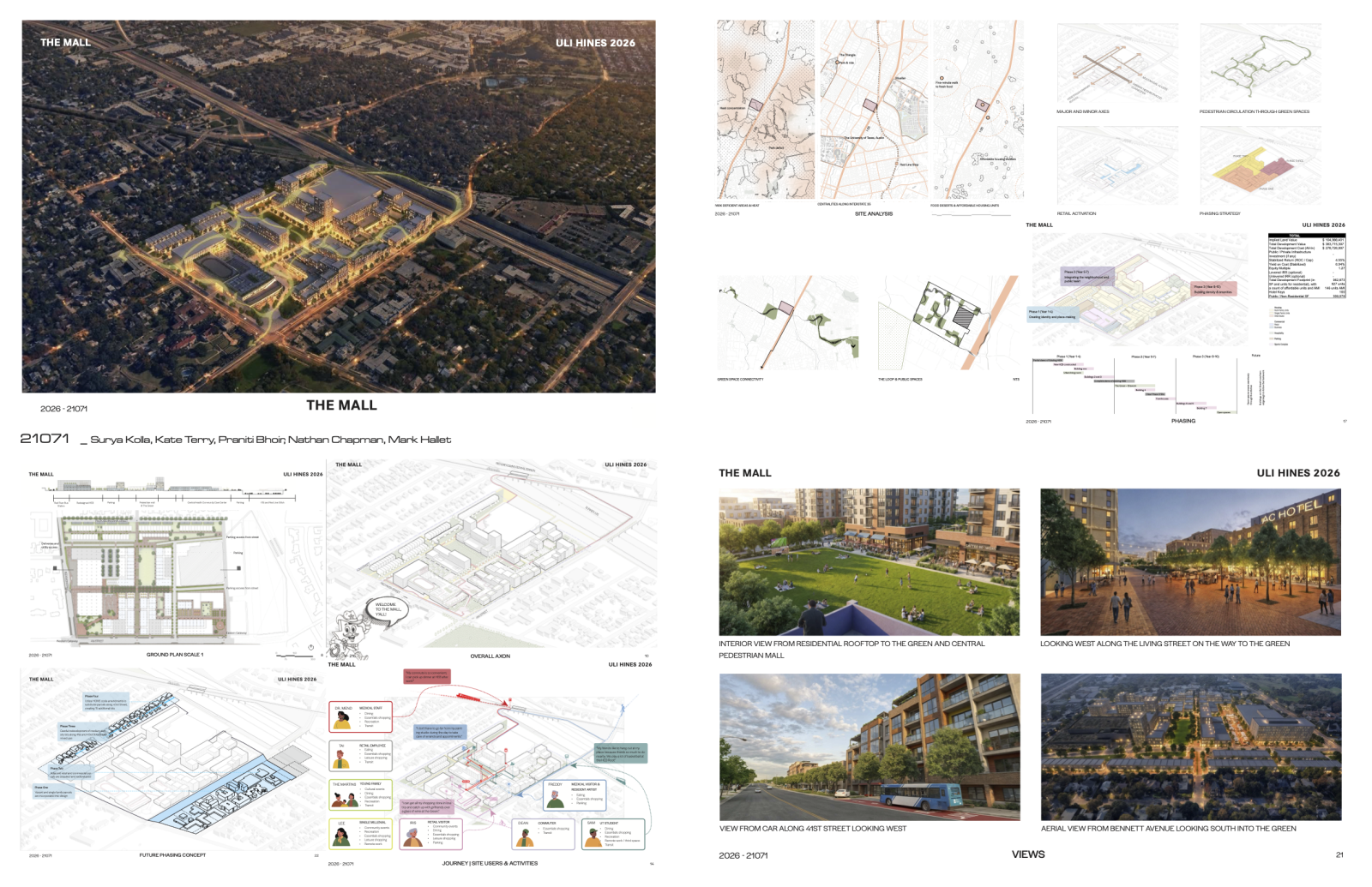 Rendering titled The Mall. features aerial photos and drawings