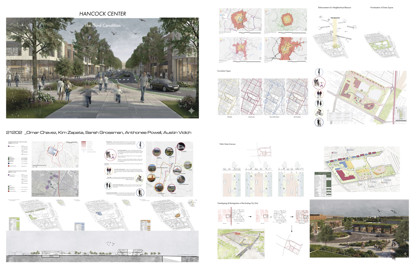 Rendering titled Hancock Center. Features digital images and drawings.