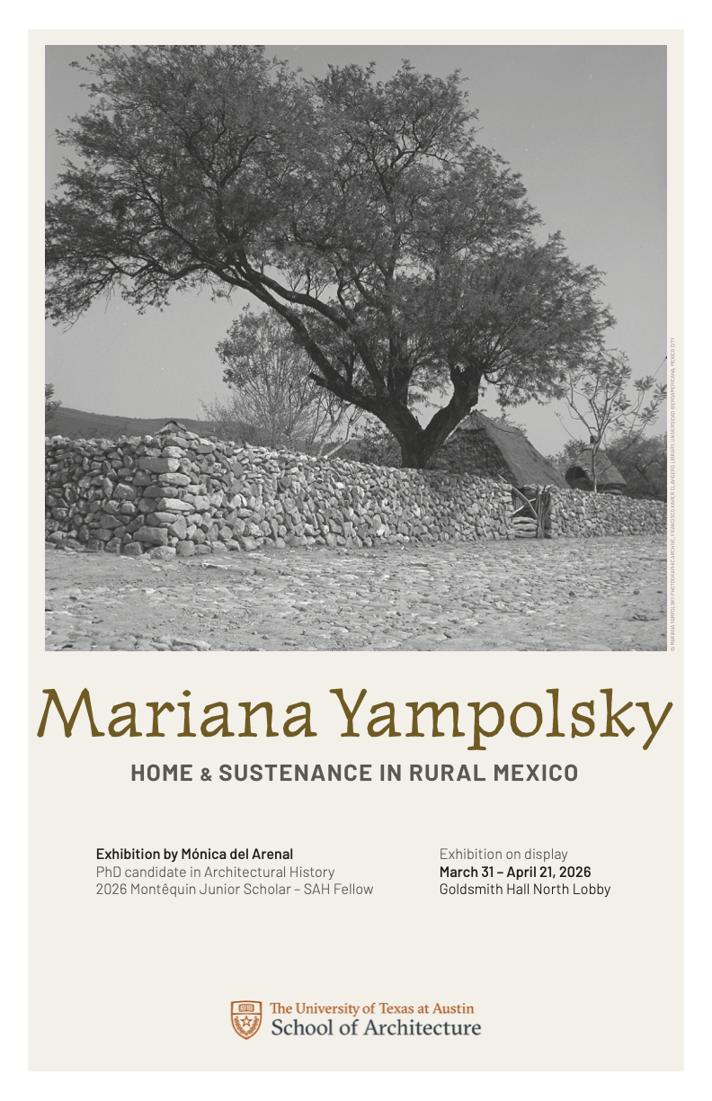 Poster of a black and white photo with a large tree and brick siding. With the title Mariana Yampolsky.