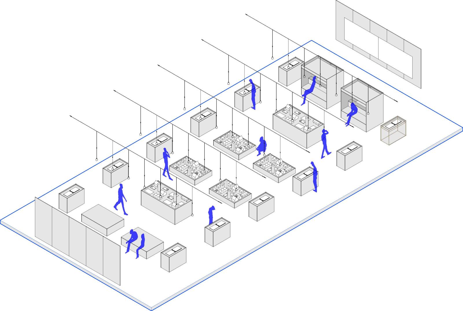 Axon image of people sitting and walking around furniture.