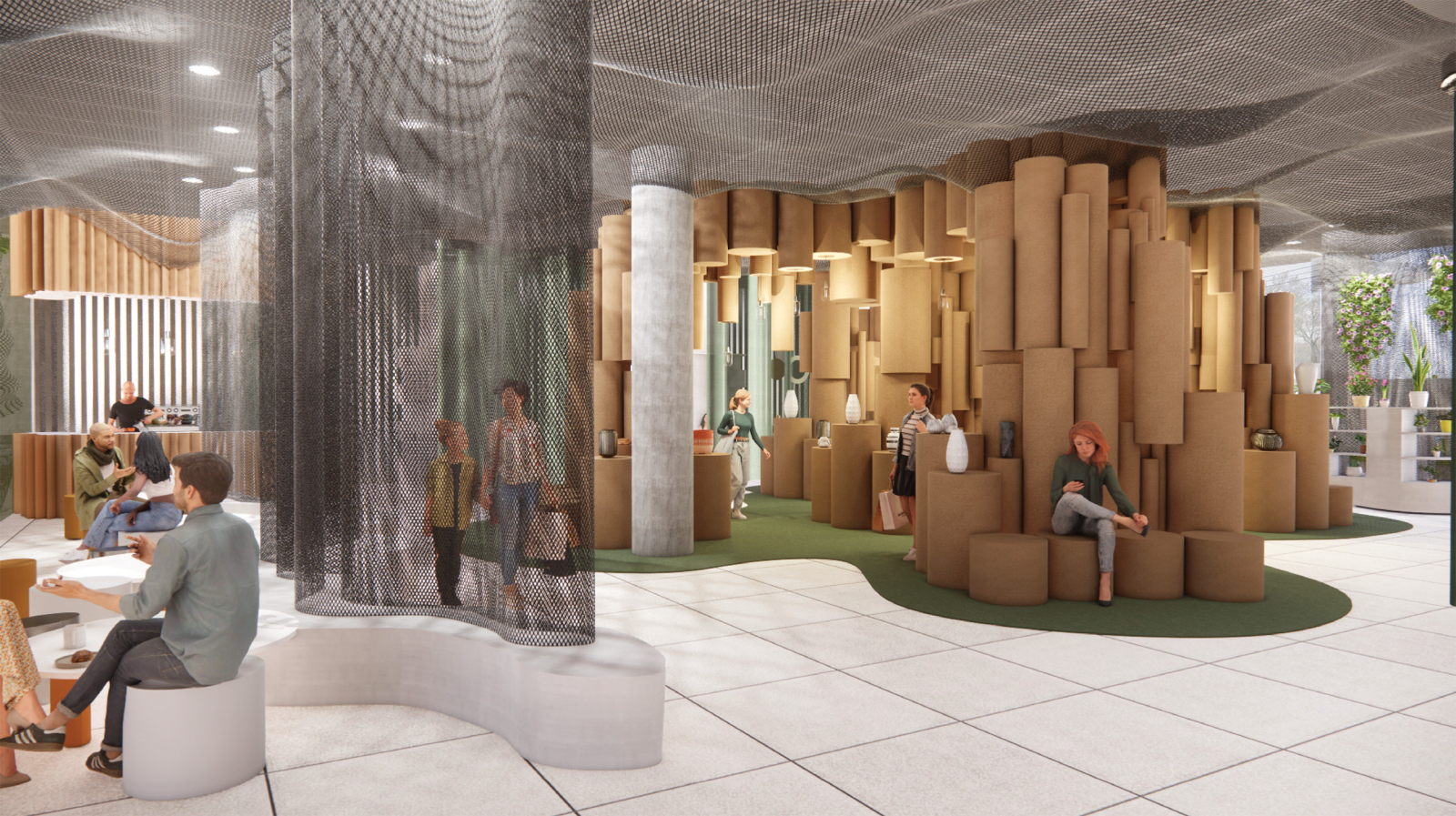 Office space with round columnar features that allow seating and surface space for working, framed by curved perforated metal screens