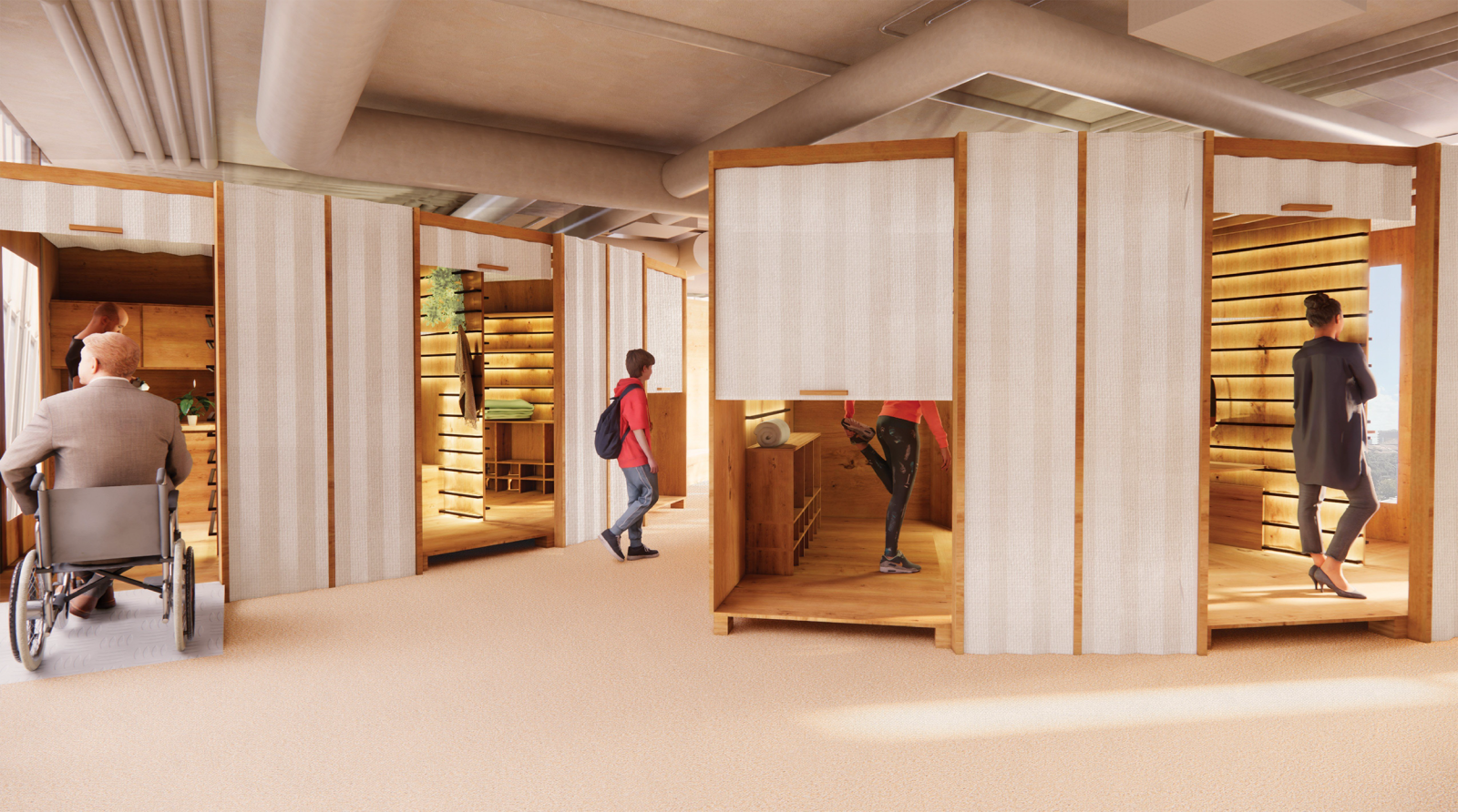 Multi-faceted wooden interior spaces with flexible screen doors