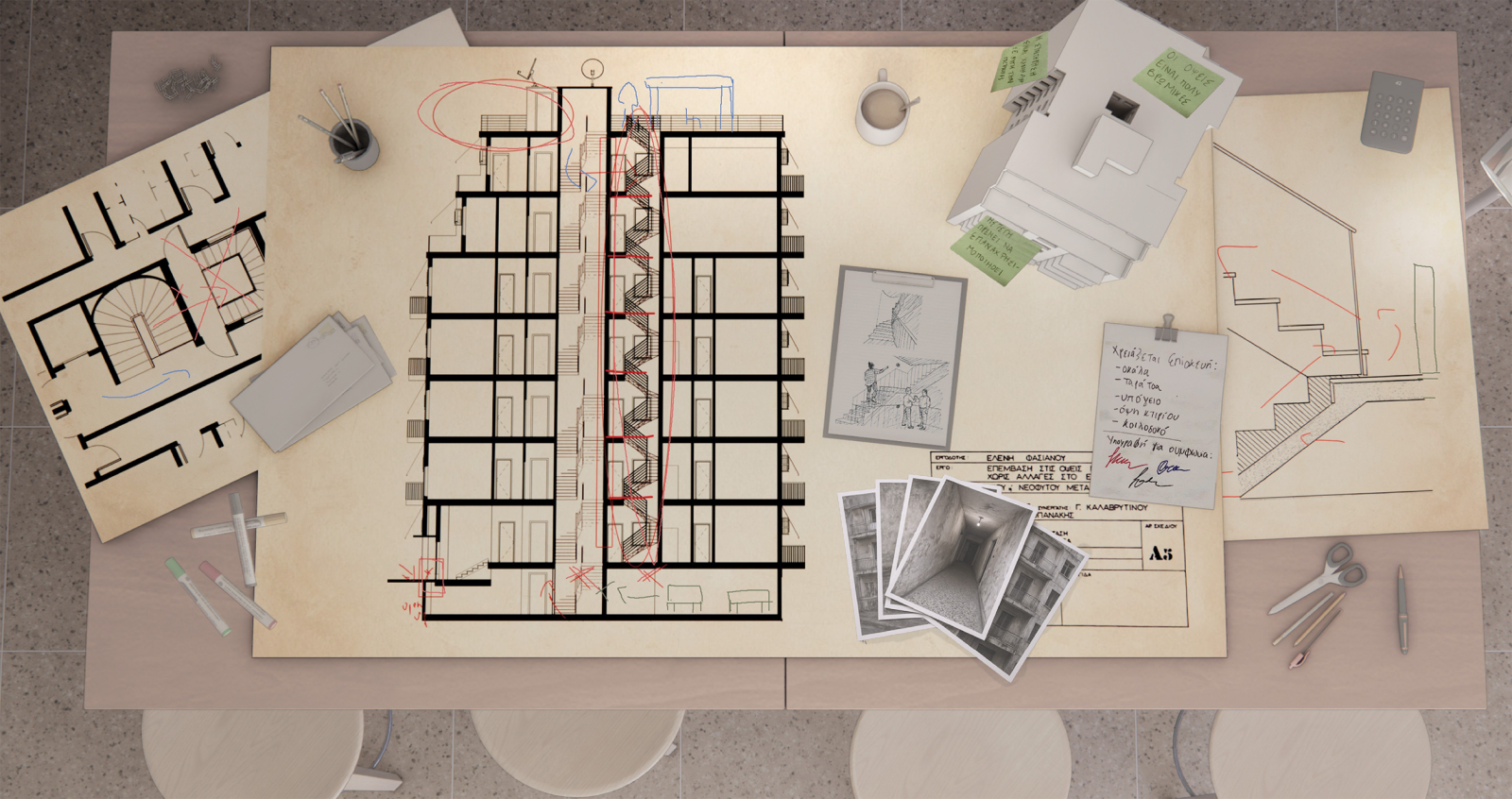 Rendering of a desk with an image of a cross-section of an Athenian Polykatokia apartment building with markups from an interior designer