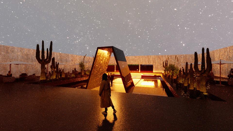 On a starry night in the desert, a trapezoidal roof covers a warmly lit hotel space