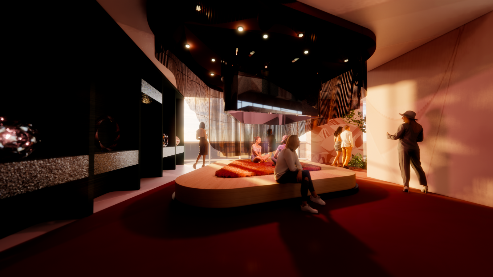 An interior space with rounded bench round chandelier with wood slats that let the sunlight through