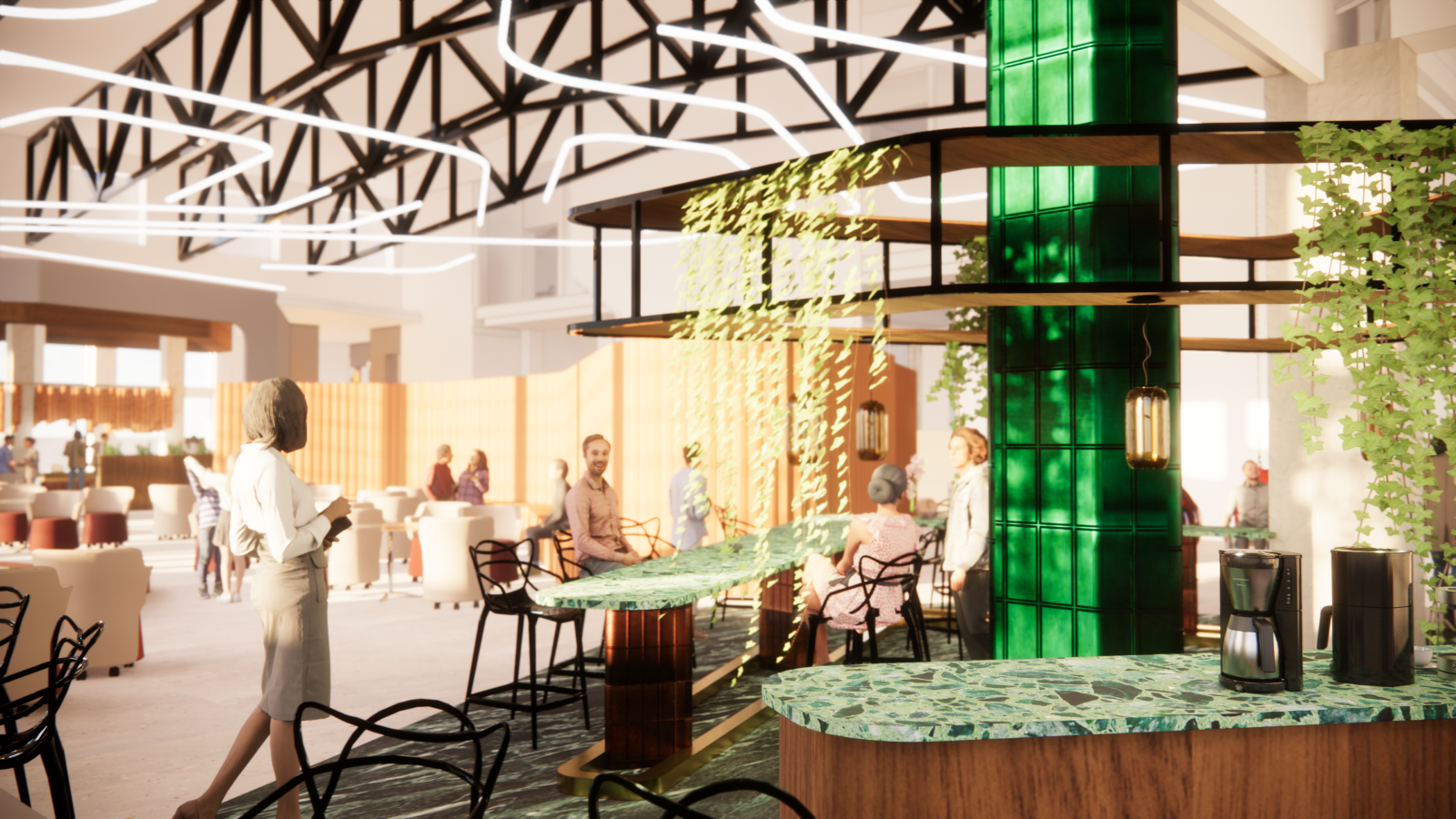 A bustling lobby cafe with green tile and countertops, dark wood details, hanging ivy, and a high lofted roof 
