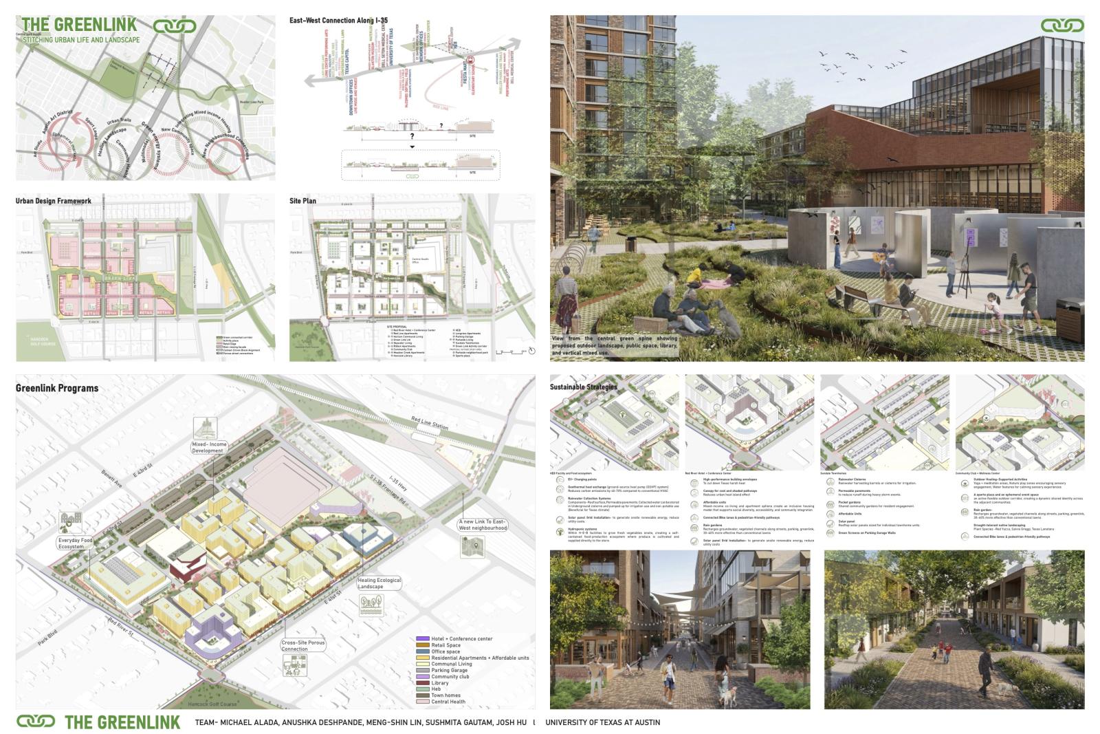 A board featuring renderings and drawings of an urban area