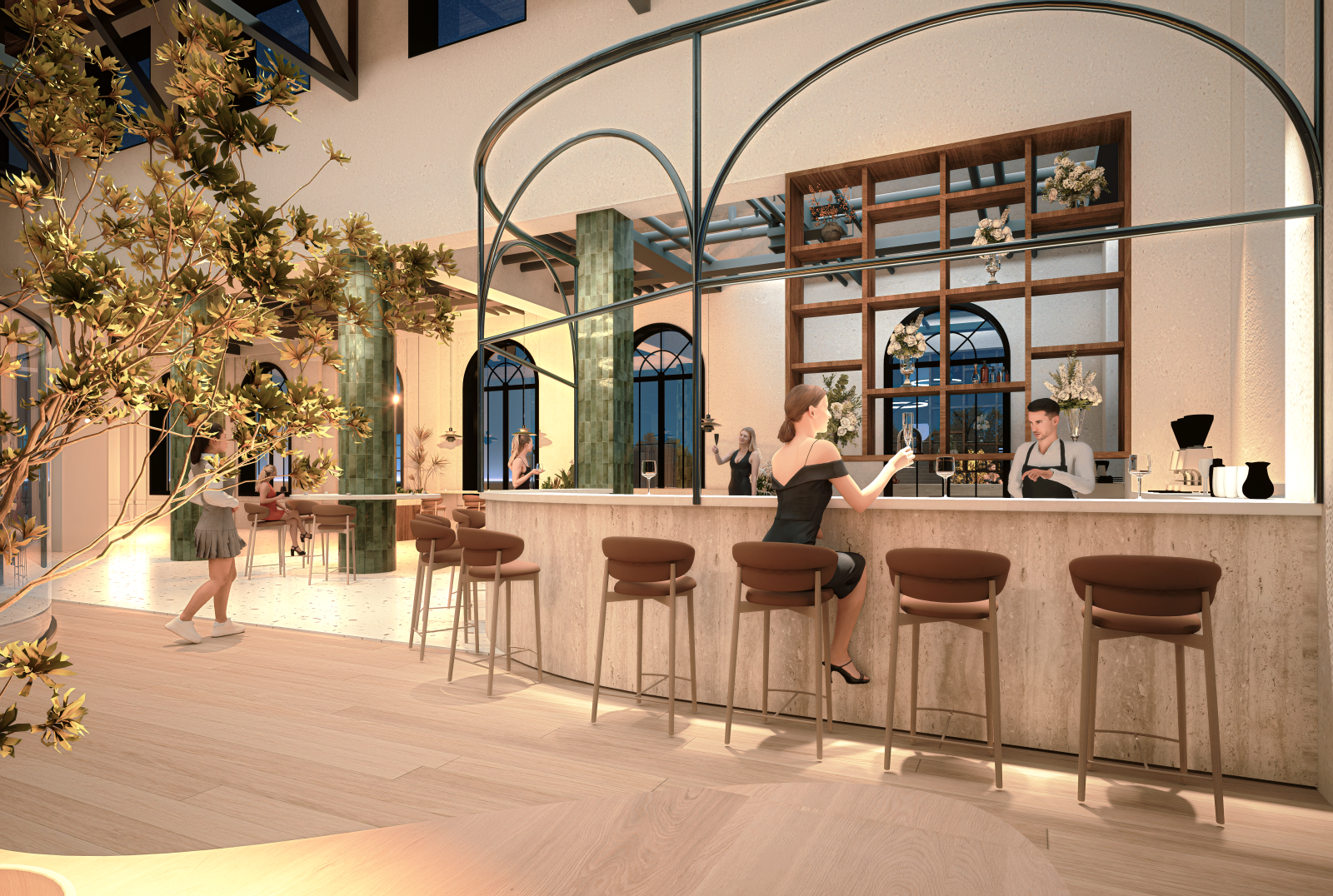 Elegant lobby space with pale wood surfaces, green metal framing over a bar with light brown stools