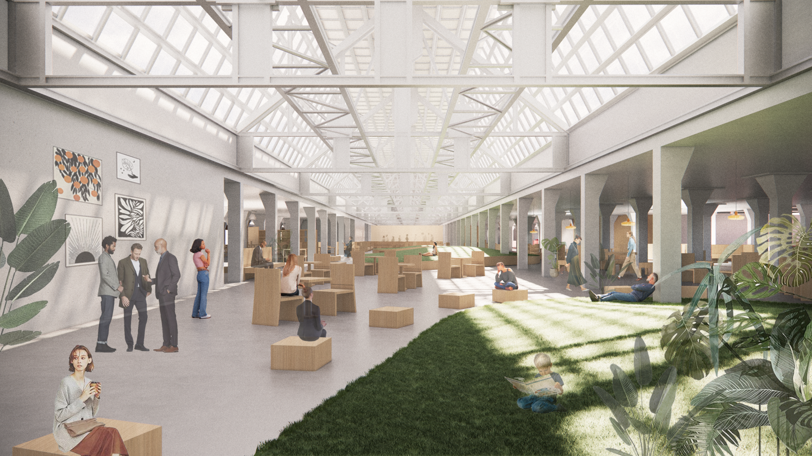 long airy open-plan office space with with skylights spanning the length of the space, movable wood benches, and grassy area for lounging