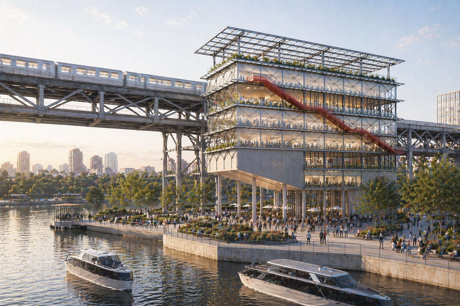 Rendering of luminous glass building on the Gowanus canal