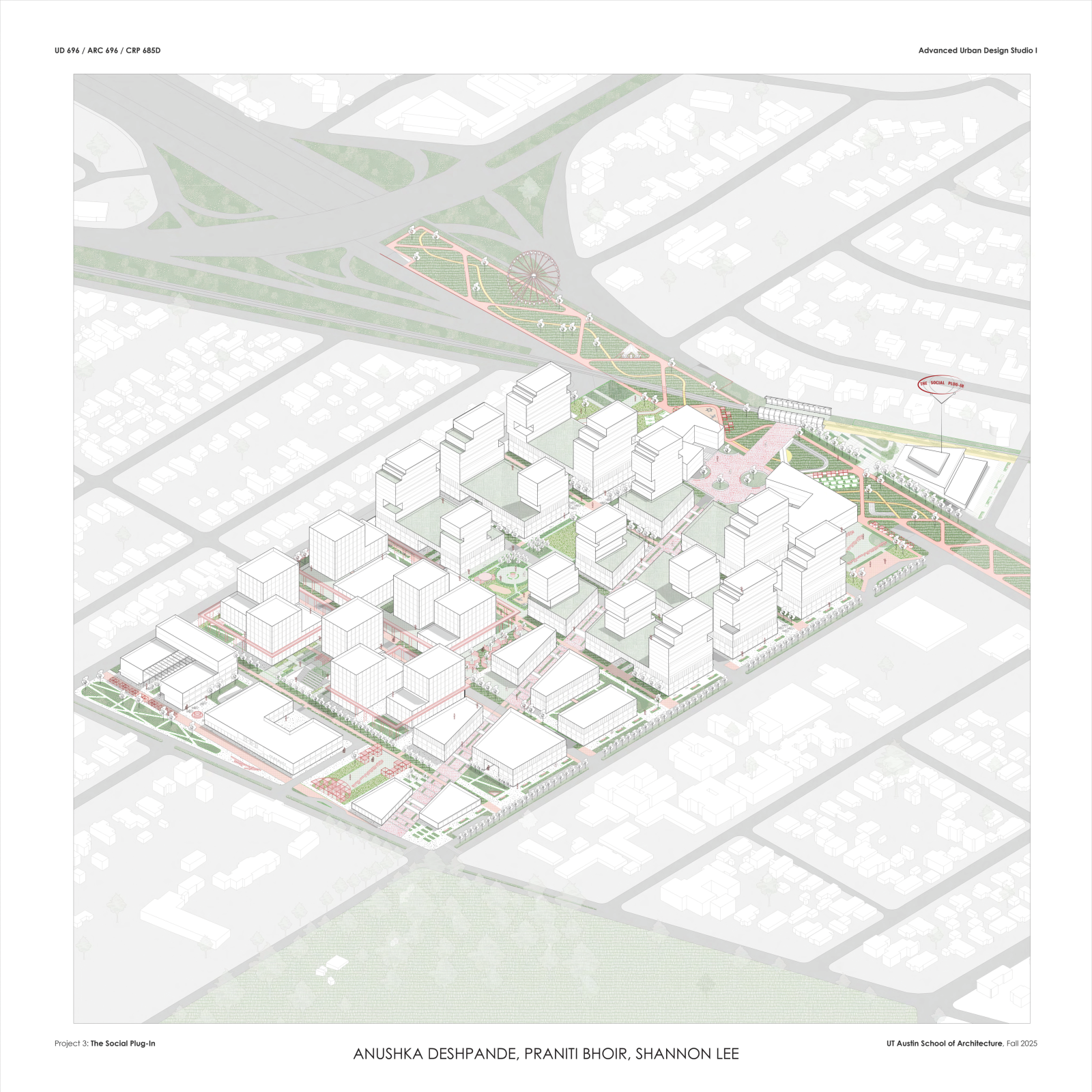Isometric view of several city blocks