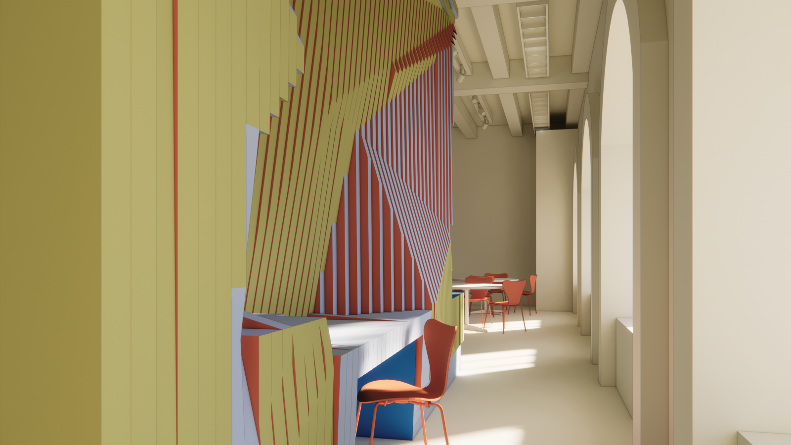 Rendering of an interior with textured wall panels in multicolored modules