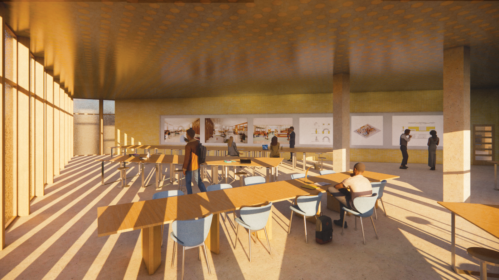 Interior rendering with light pouring through vertically slatted windows