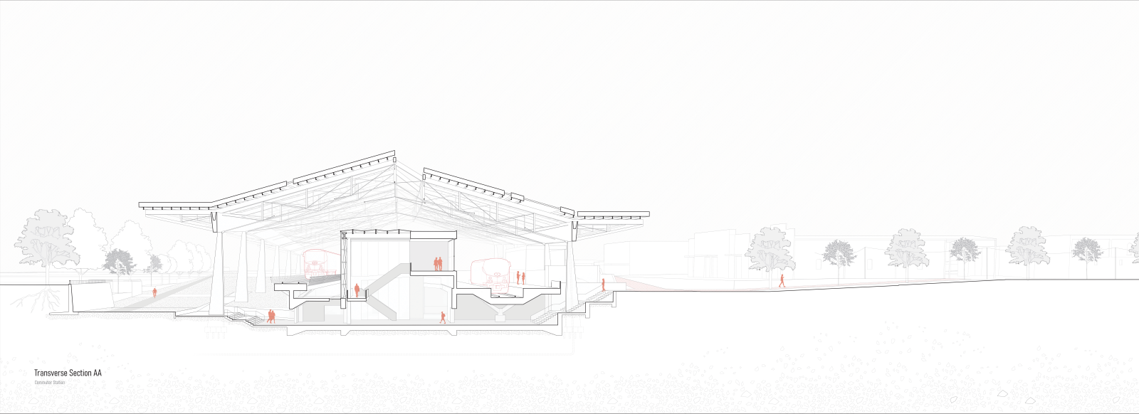 Section drawing of a building on a slope with a W-shaped roof structure