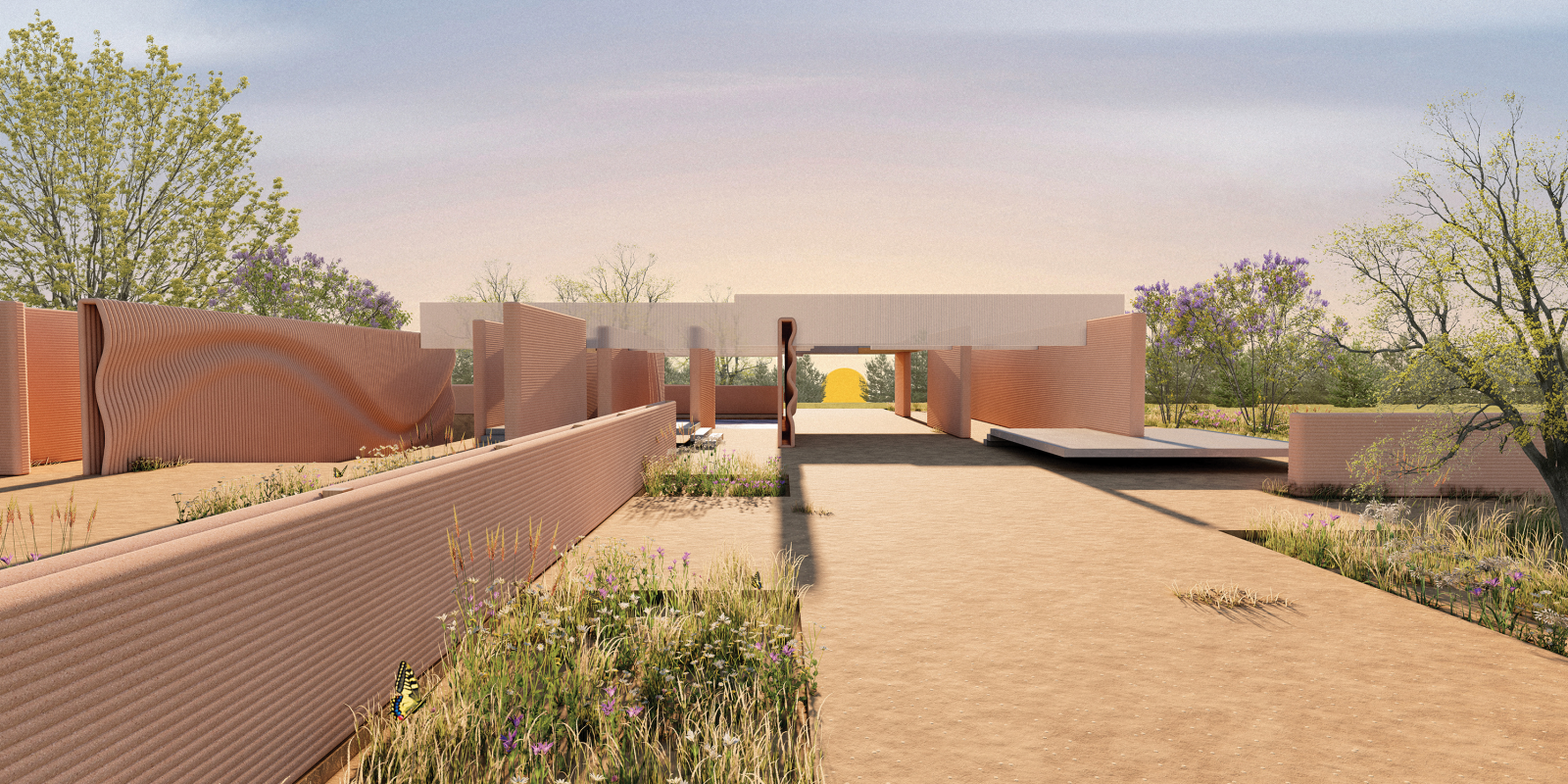 Rendering of an exterior landscape with printed clay walls