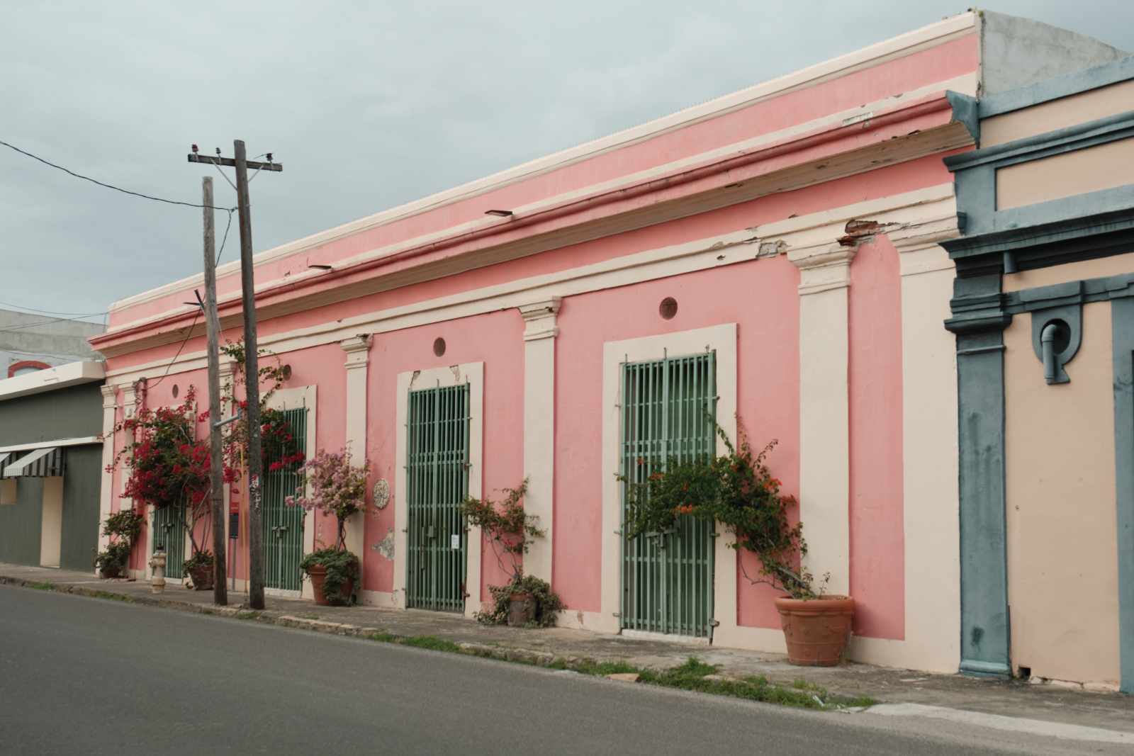 A light pink facade with white trim and tropical potted plants on the sidewalk in Puerto Rico
