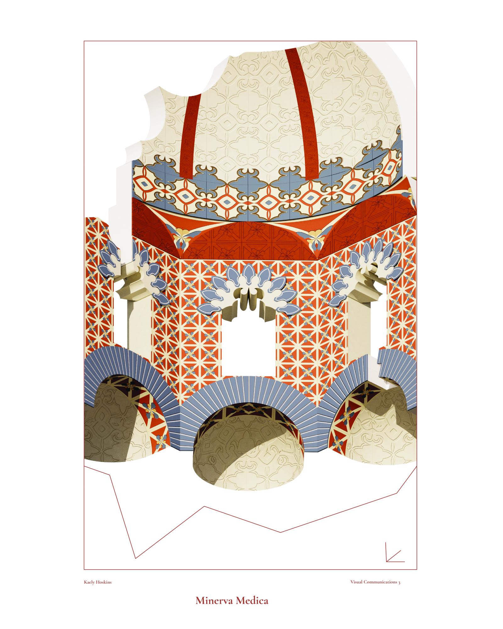 Drawing of archway from below with colorful tile details and dome at the top