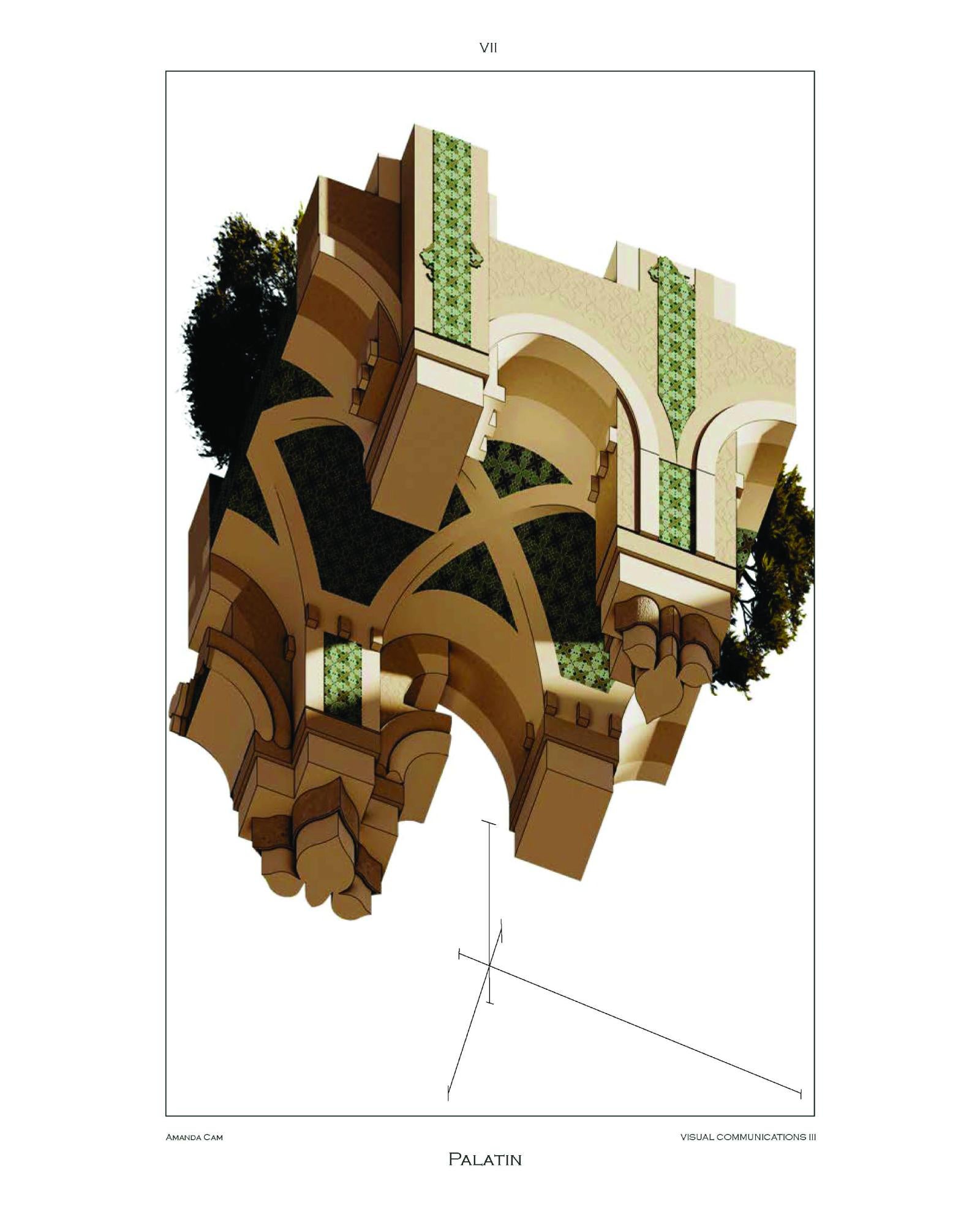 Drawing of archway from below with green tile details