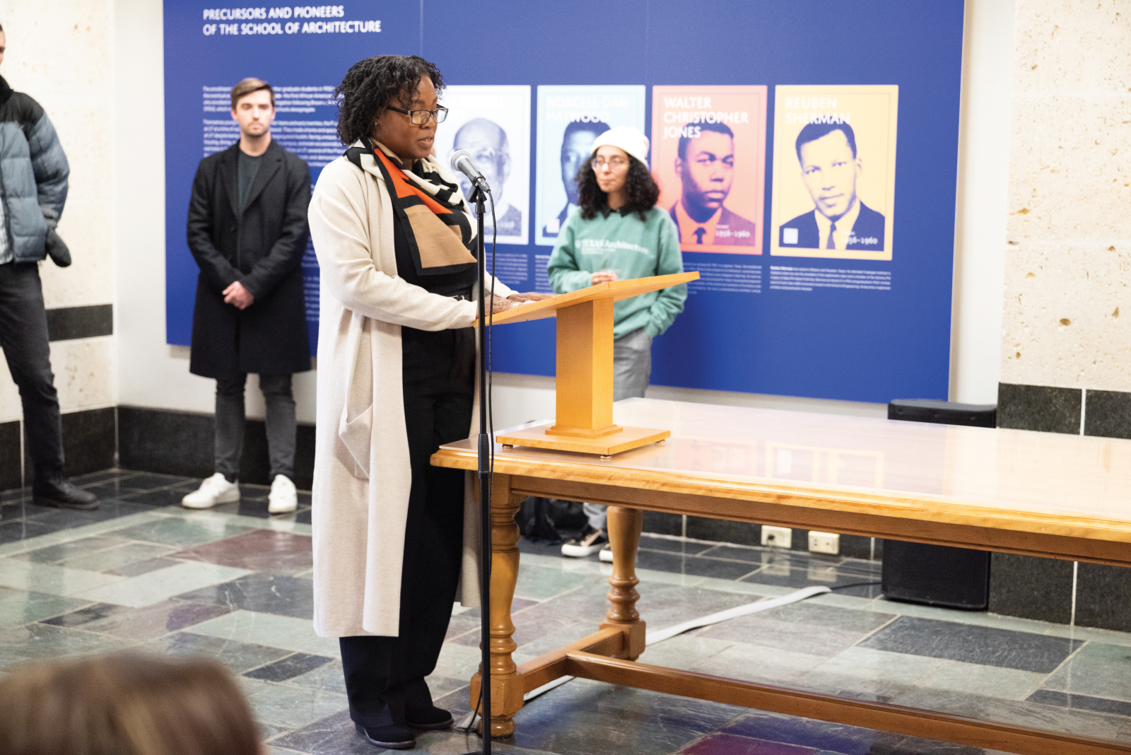 Tara Dudley addressing a crowd at the School of Architecture
