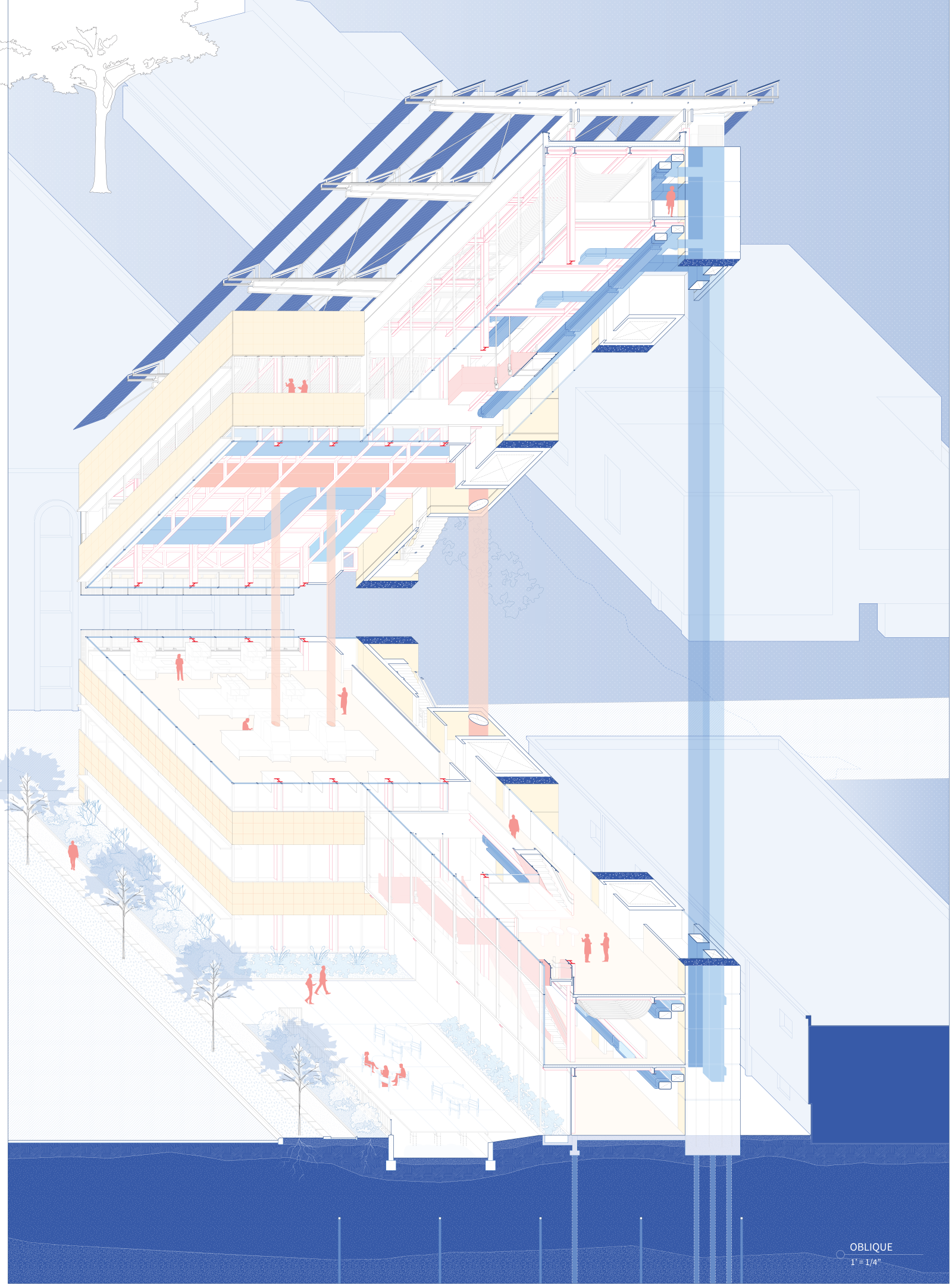 Oblique section drawing from the middle of the building offering high and low perspectives with blue tones 