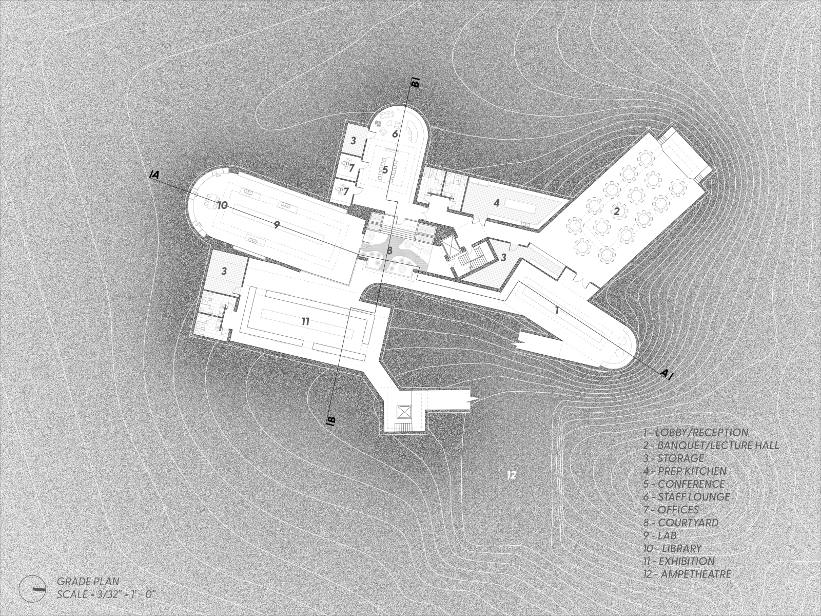 Plan drawing of a building in grayscale
