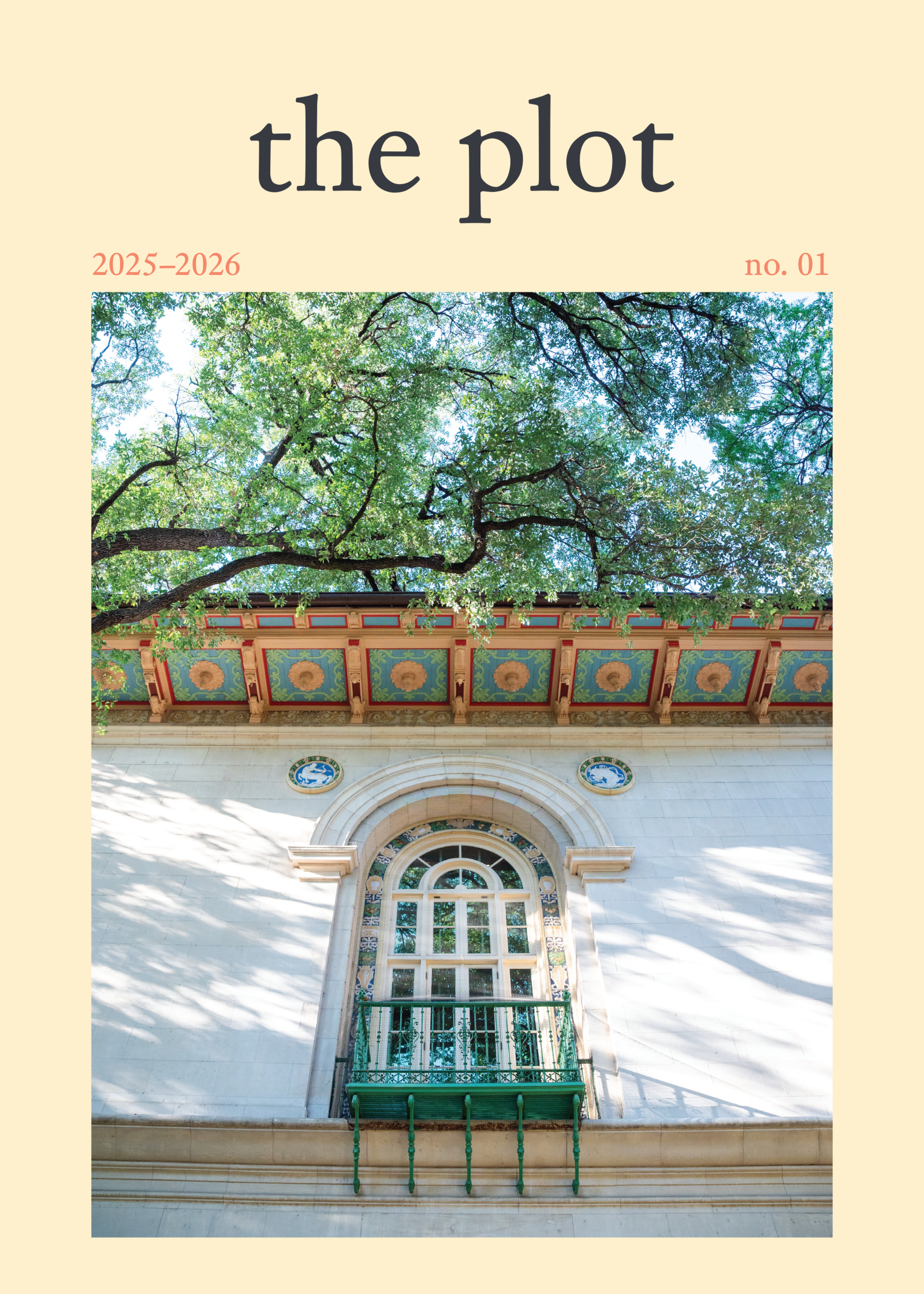 Cover image of The Plot magazine featuring ornate architecture library windows under dappled sunlight on UT Campus.