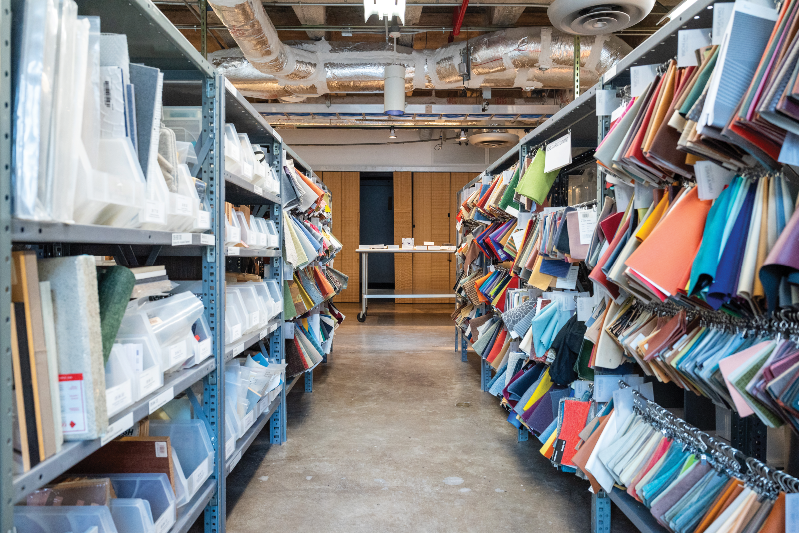Stacks of fabric samples and stone at the materials lab