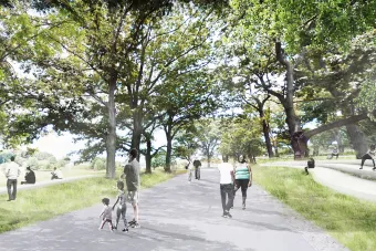 A rendering of people walking along a pathway in a park with trees and green grass
