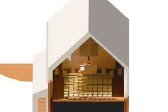 Physical model of a home with a white roof and warm wood interiors
