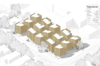 A cluster of buildings of different shapes on a site with a key on the right side