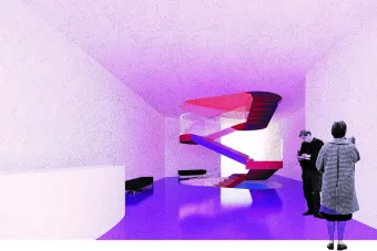 Purple hued rendering of an interior space with a bright stairwell in the center