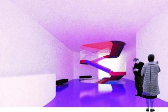 Purple hued rendering of an interior space with a bright stairwell in the center