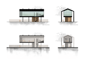 Four views of an architecture project on a white background